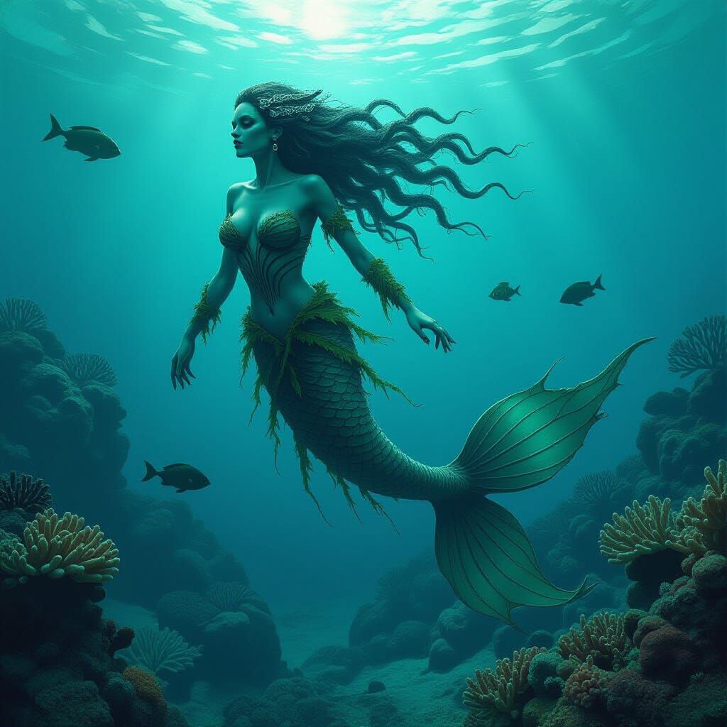 Undead Mermaid in Biomechanical Coral Reef