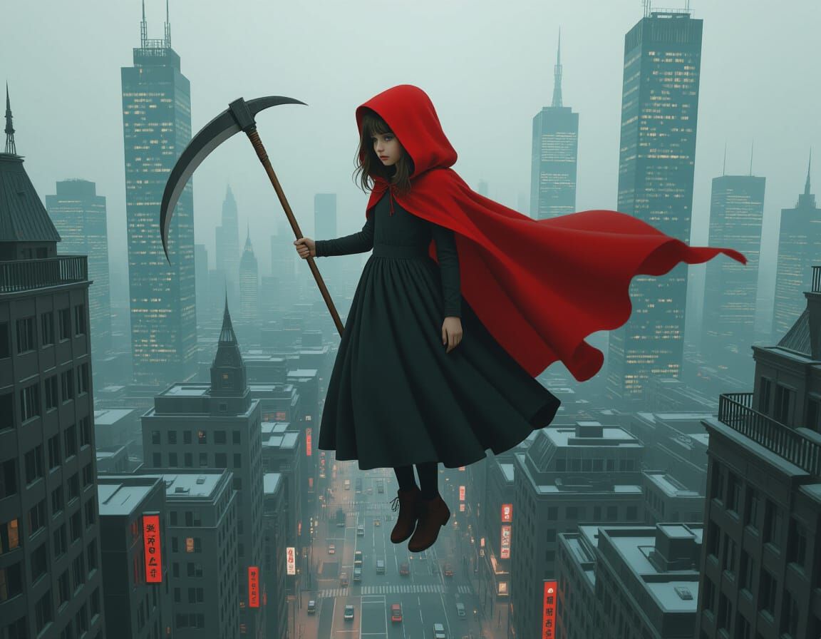 Red Hooded Girl Floats Above City