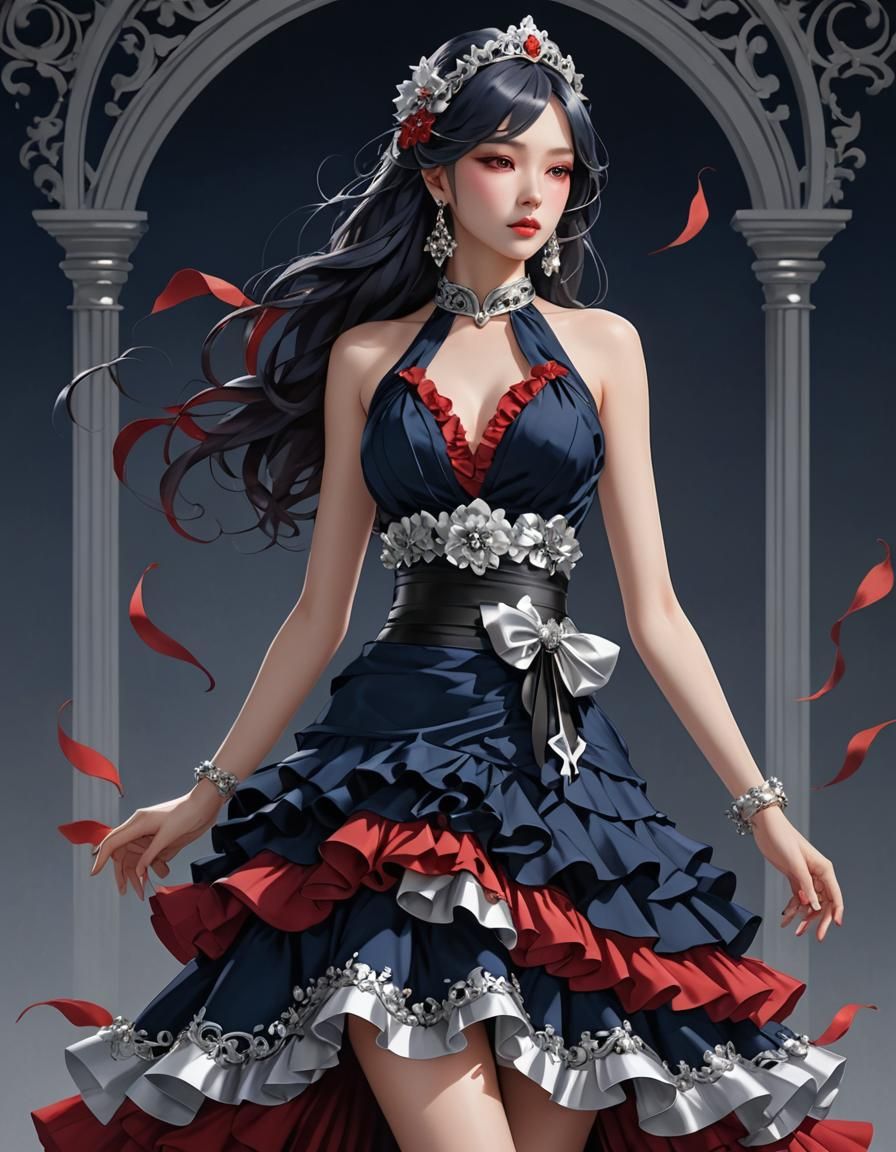 Navy, Silver, and Crimson Flamenco Dress in 3D Anime Art