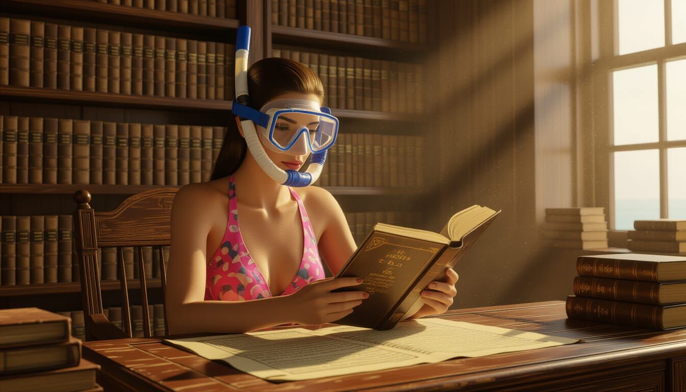 Woman Reads in Swimsuit: Humorous Library Scene