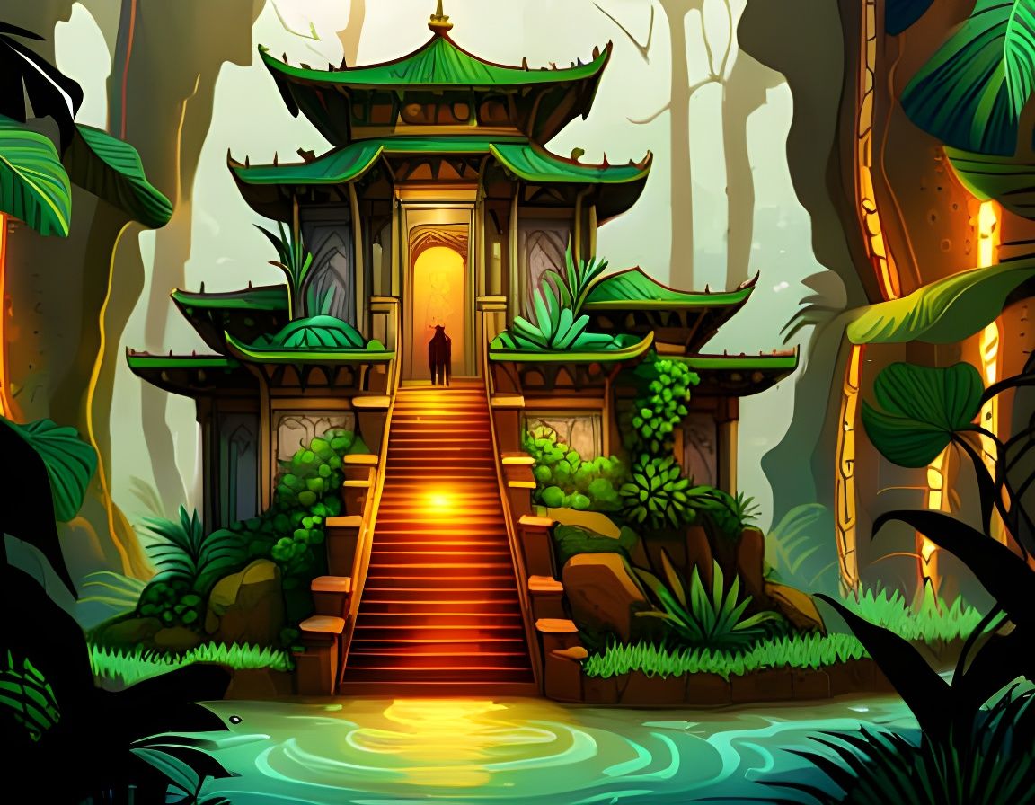 Iridescent Jungle Temple with Bizarre Patterns: Digital Illu...