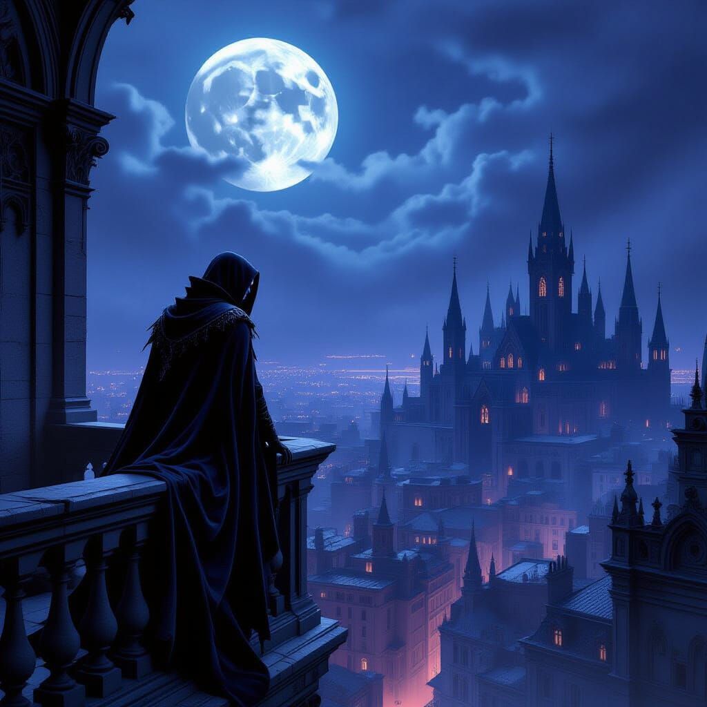 Ancient Vampire on Gothic Balcony Overlooking Moonlit City