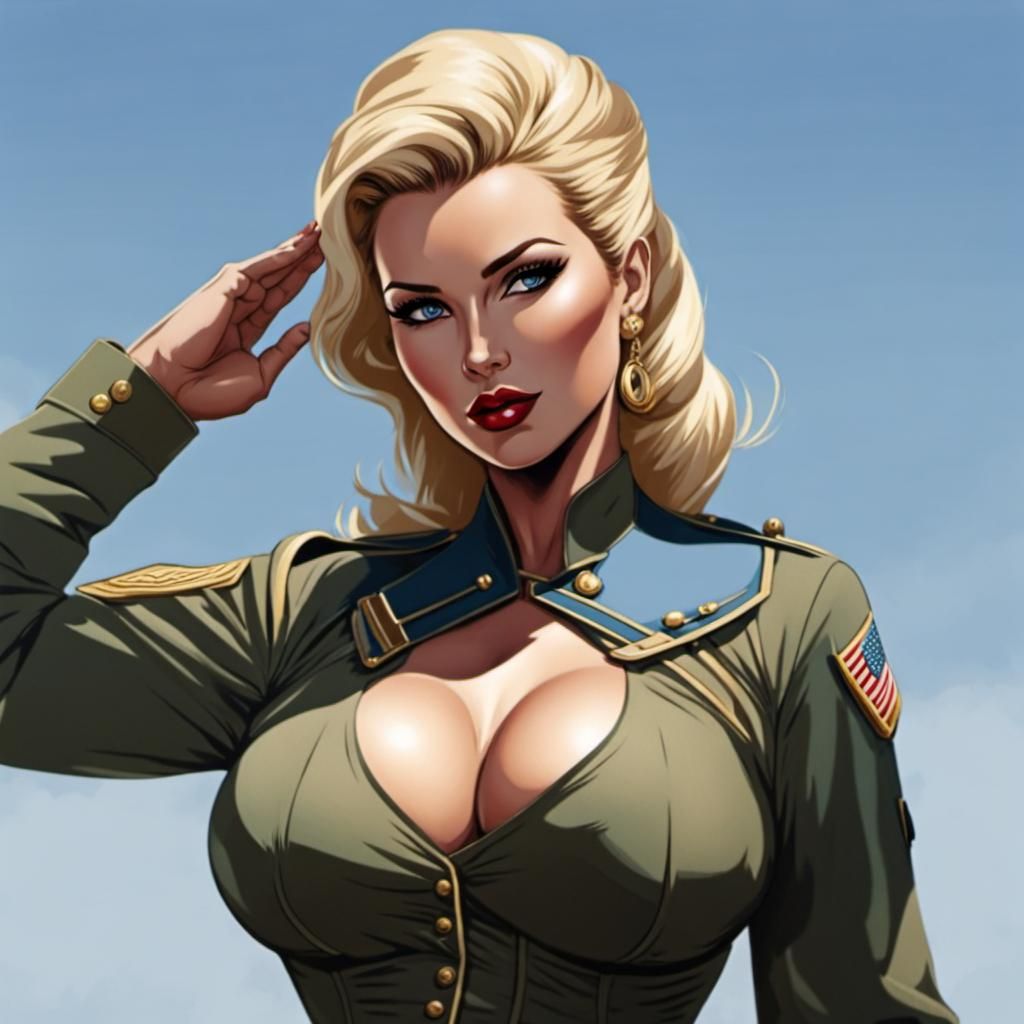 Blonde Soldier Saluting in Military Pinup Style