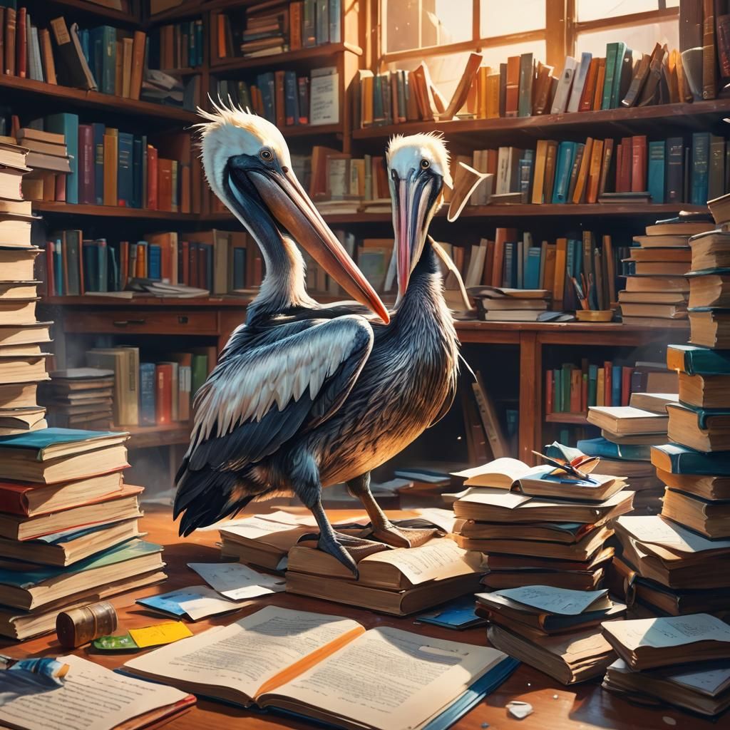 Pelican Studying at Desk in Abstract Expressionist Style