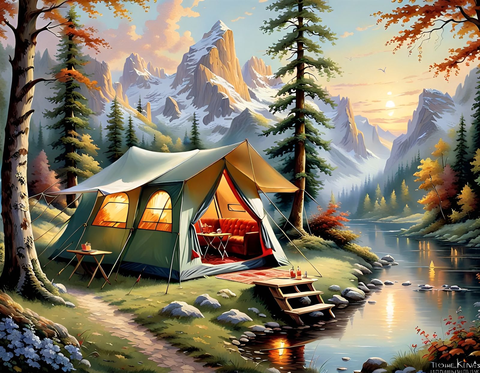 Charming Campsite Wallpaper in Luminist Style