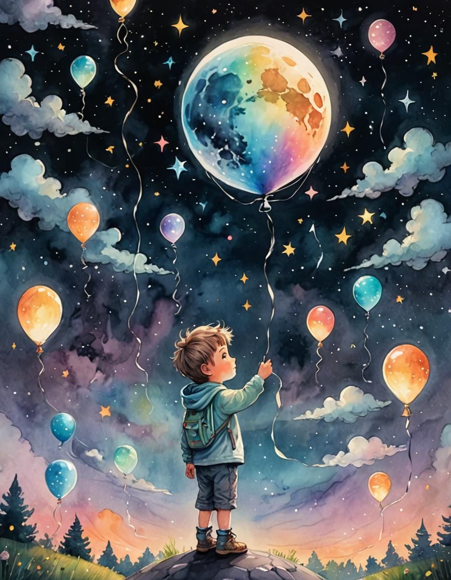 Boy Holds Moon Balloon in Pastel Galaxy