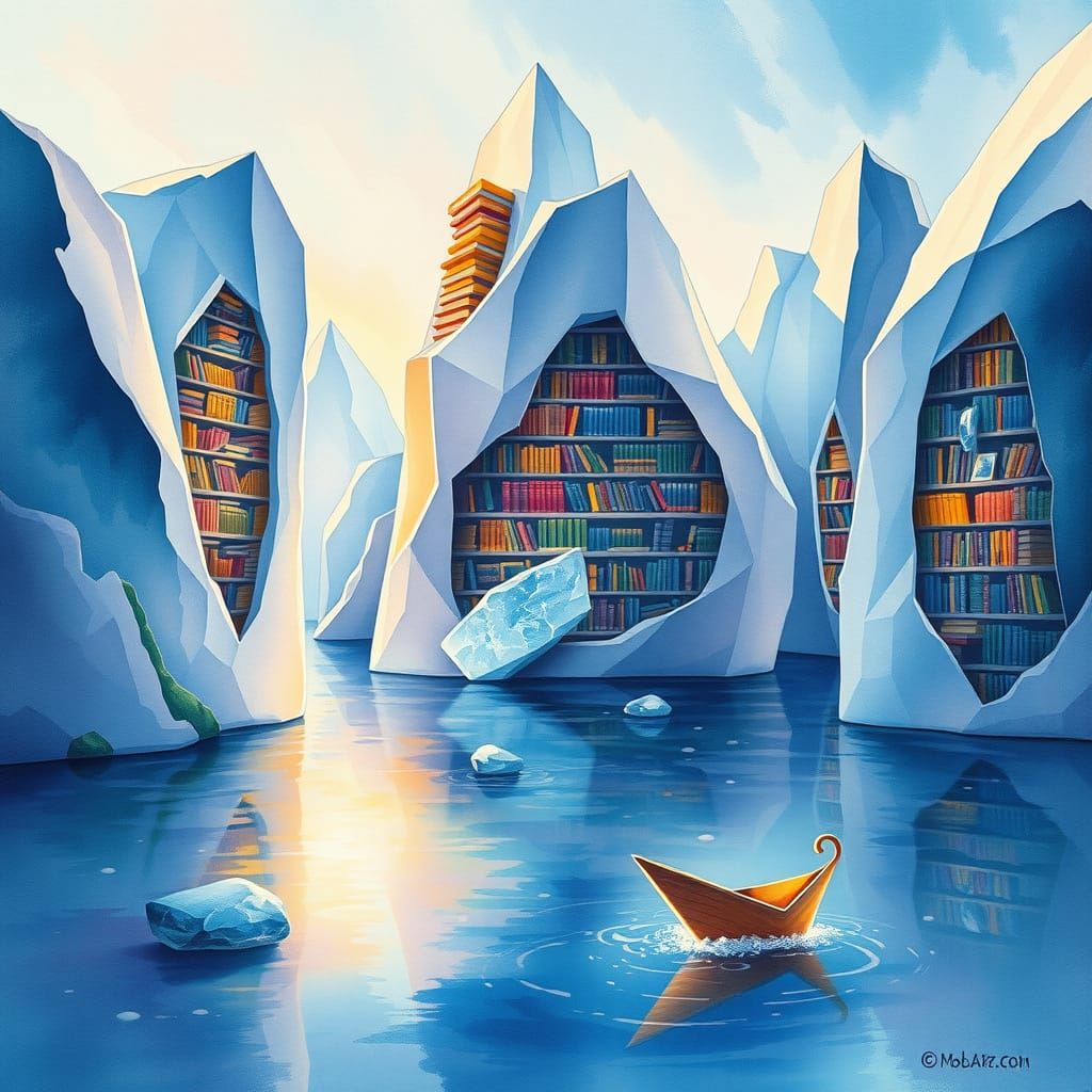 Iceberg Libraries with Solidified Light, Watercolor Style