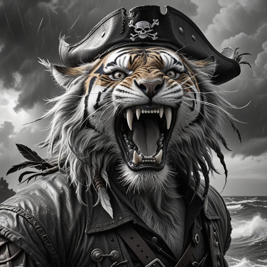 Fierce Tiger Pirate Roar in Charcoal Sketch