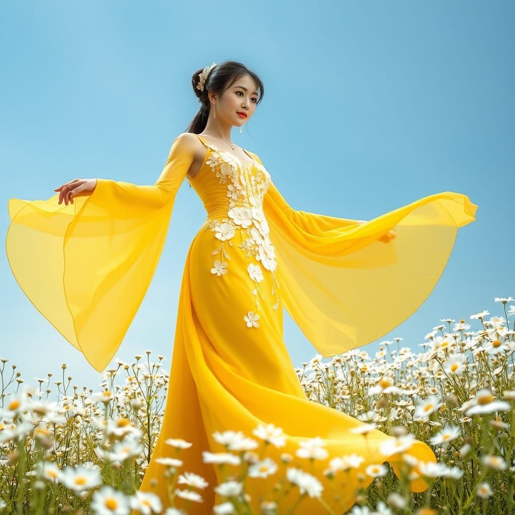 Chinese Woman in Yellow Dress Among Daisies