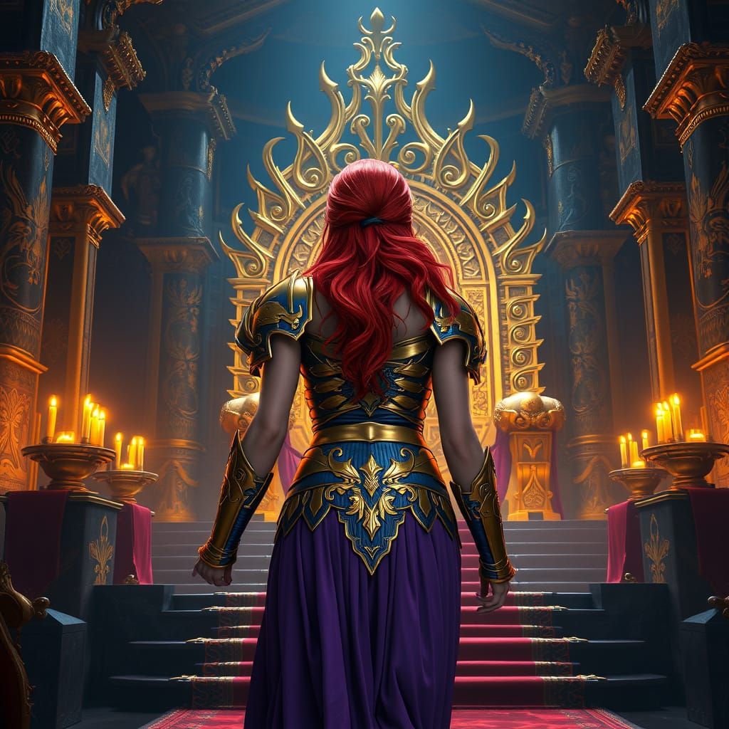 Goddess of Wisdom Approaches Ancient Throne in Dark Fantasy