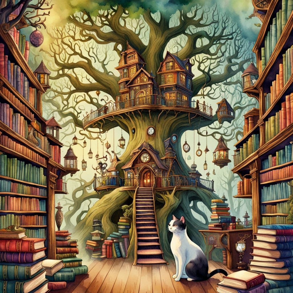 Steampunk Library Treehouse in Vibrant Watercolor