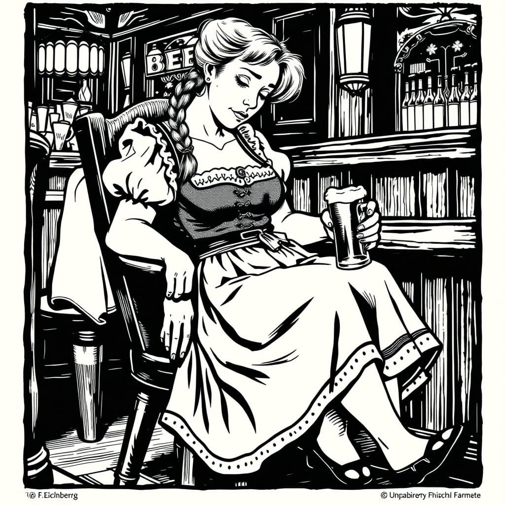 A Drunken Barmaid in Bavarian Dirndl, in the Style of 1930s ...