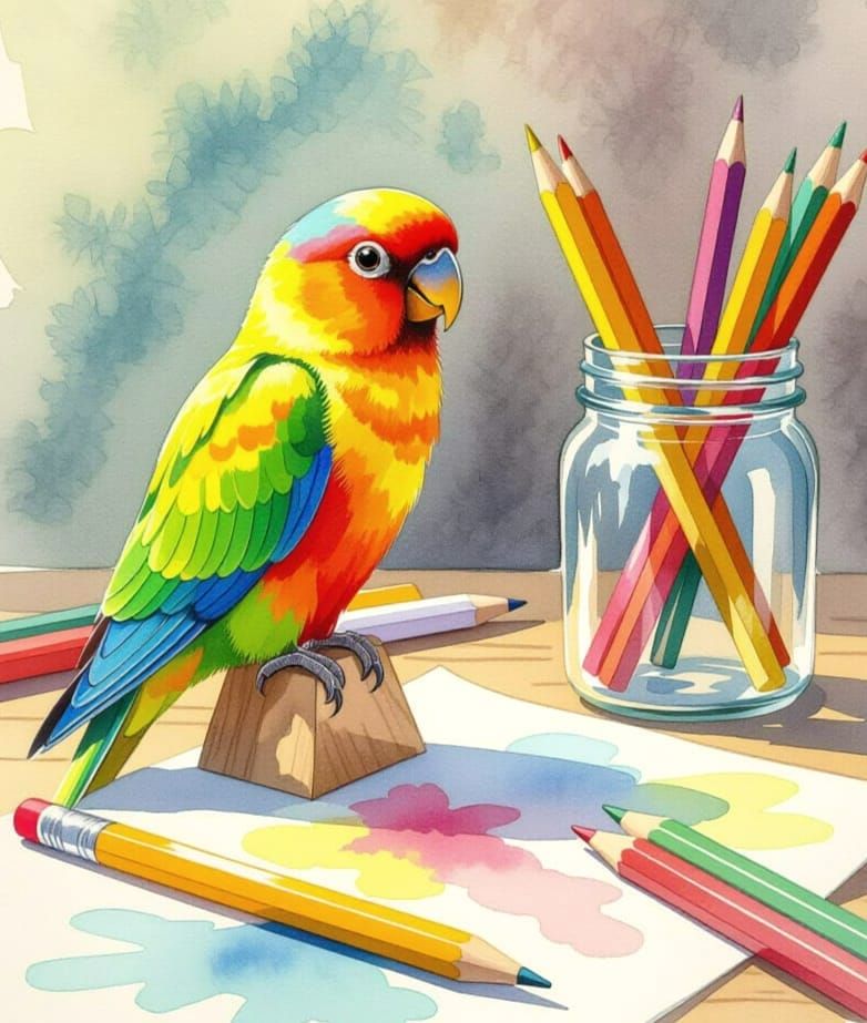 Colored Pencil Transforms Into Parrot on Artist's Desk