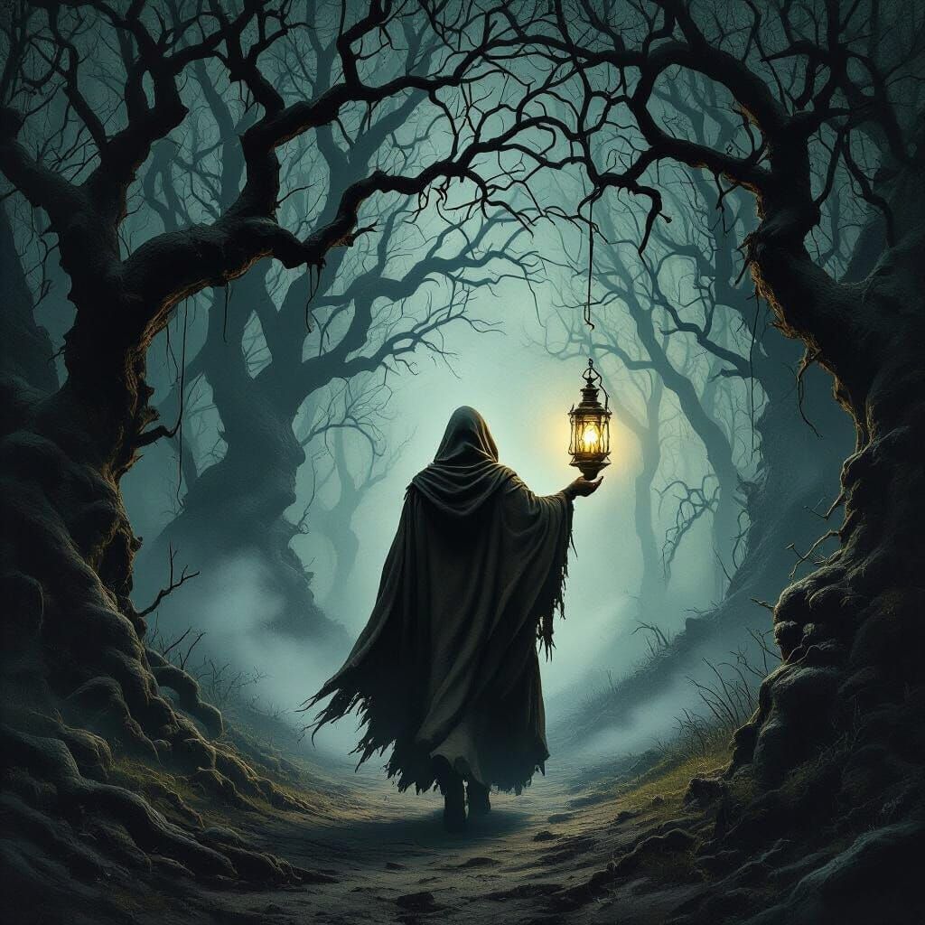 Hooded Figure Walks Dark Fantasy Forest