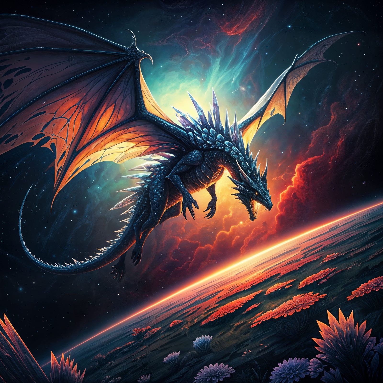 Colossal Bioluminescent Dragon in Cosmic Nebula