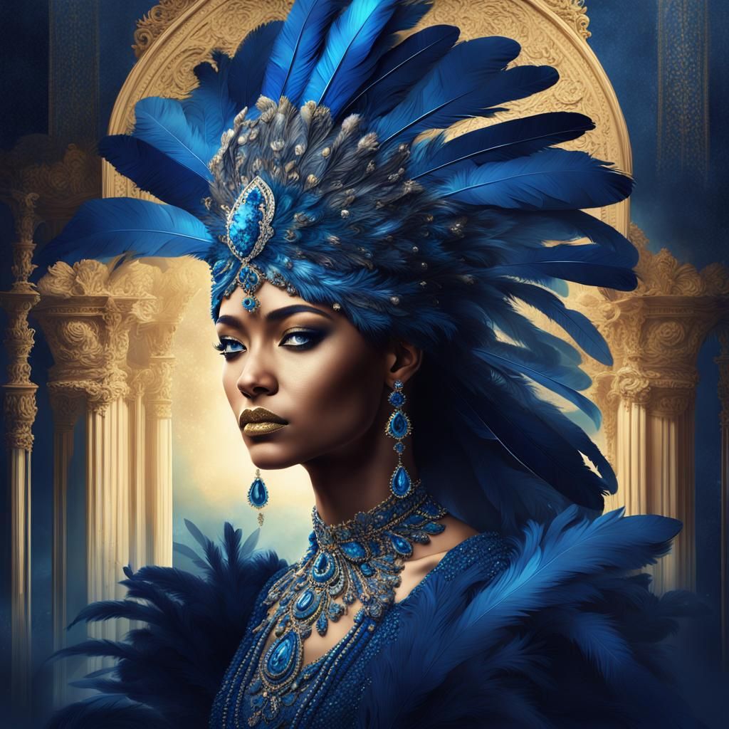 Elegant Woman in Blue Dress: Digital Art Portrait