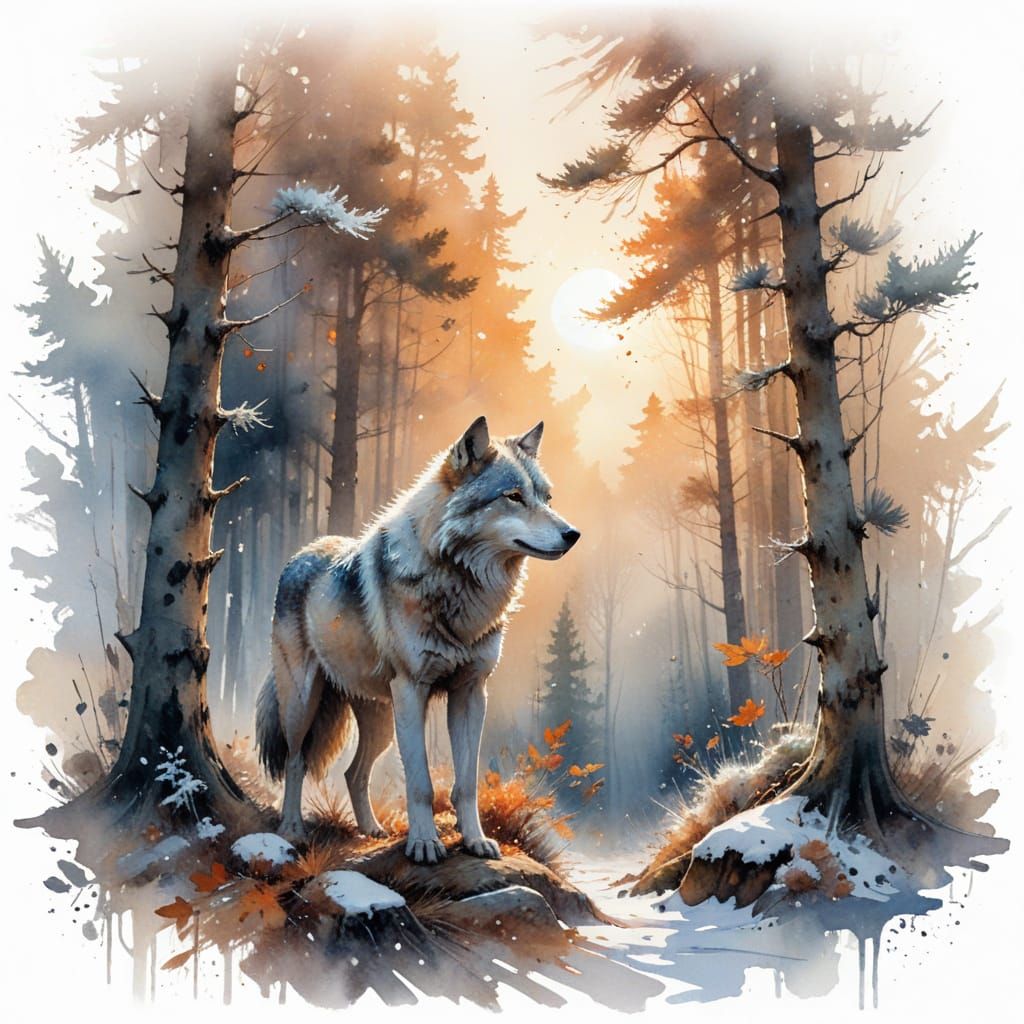 Winter Wolf in Moonlit Forest: Watercolour Painting