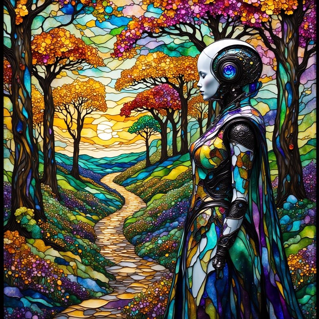 AI Robot Gazing at Stained Glass Landscape