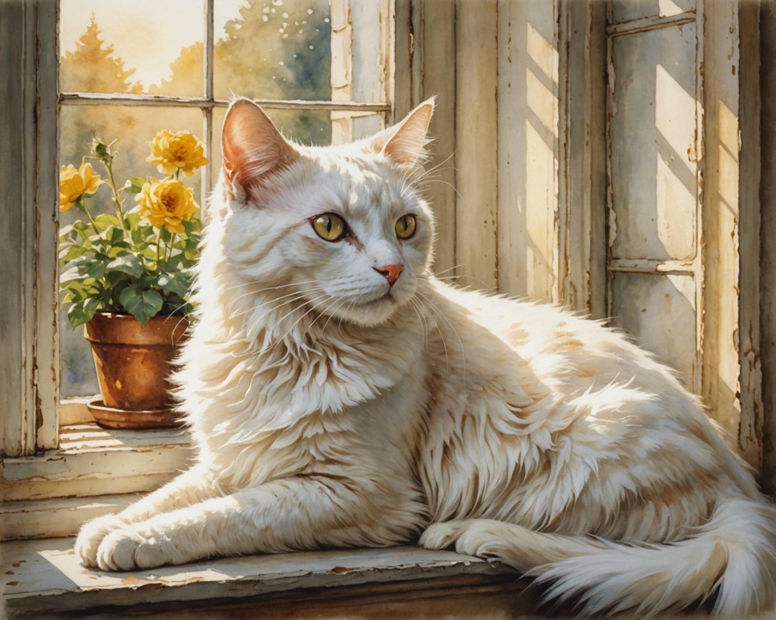 Romantic Watercolor: White Cat in Golden Light