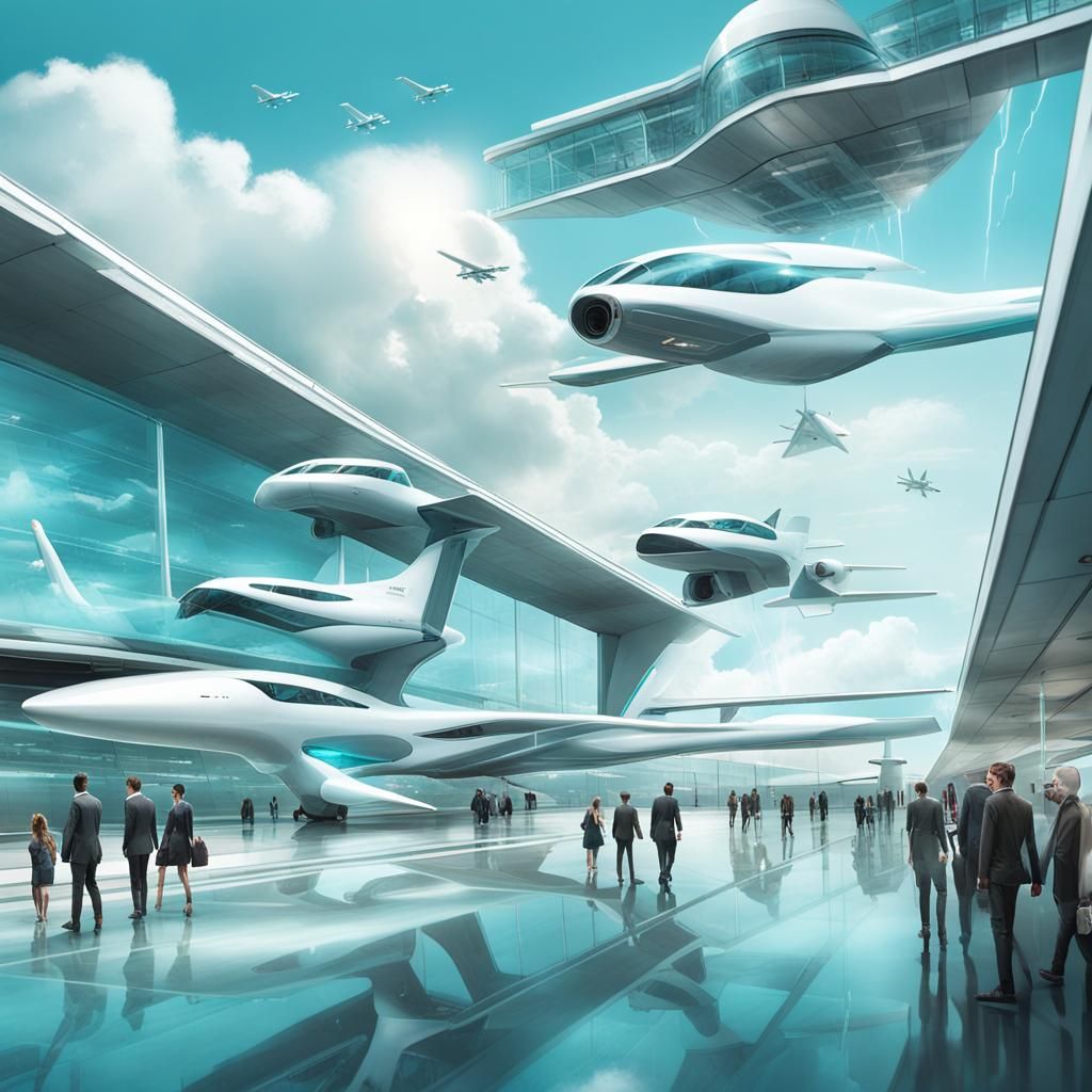 Futuristic Airport with VTOL Planes and Shuttle Buses