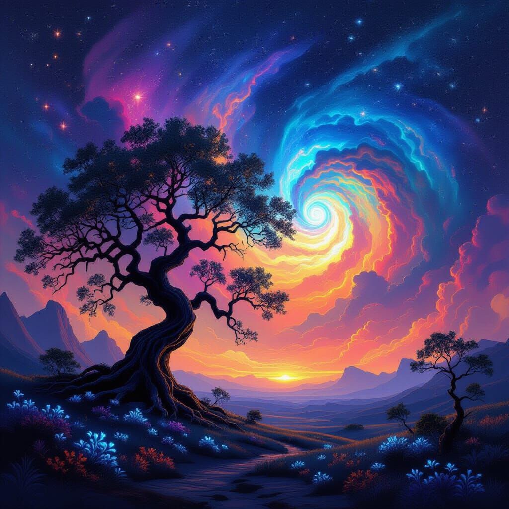 Ancient Tree Against Cosmic Nebula - Surreal Alien Landscape