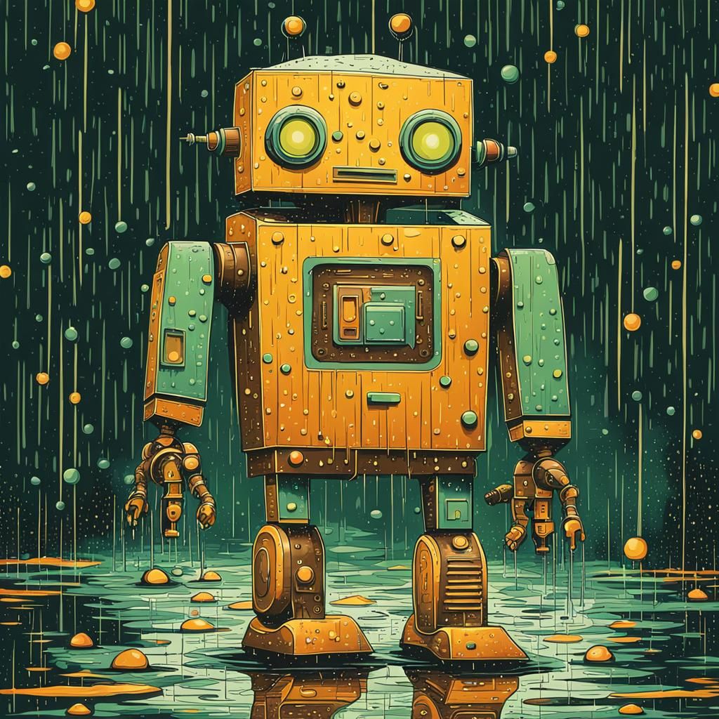 Retro-Futurist Robot Walks in Pouring Rain