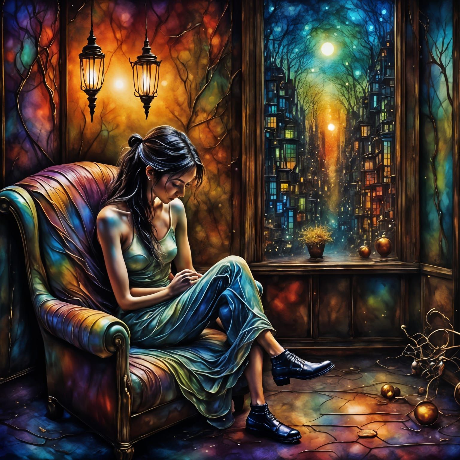 Mysterious Woman Lost in the Shadows, Oil Painting Style