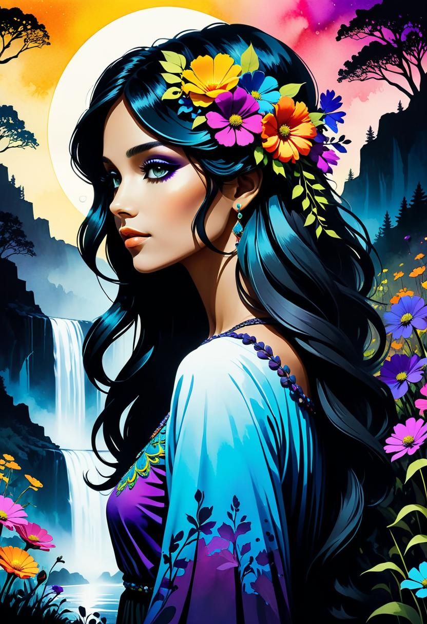 Psychedelic Gypsy Silhouette in Watercolor Style