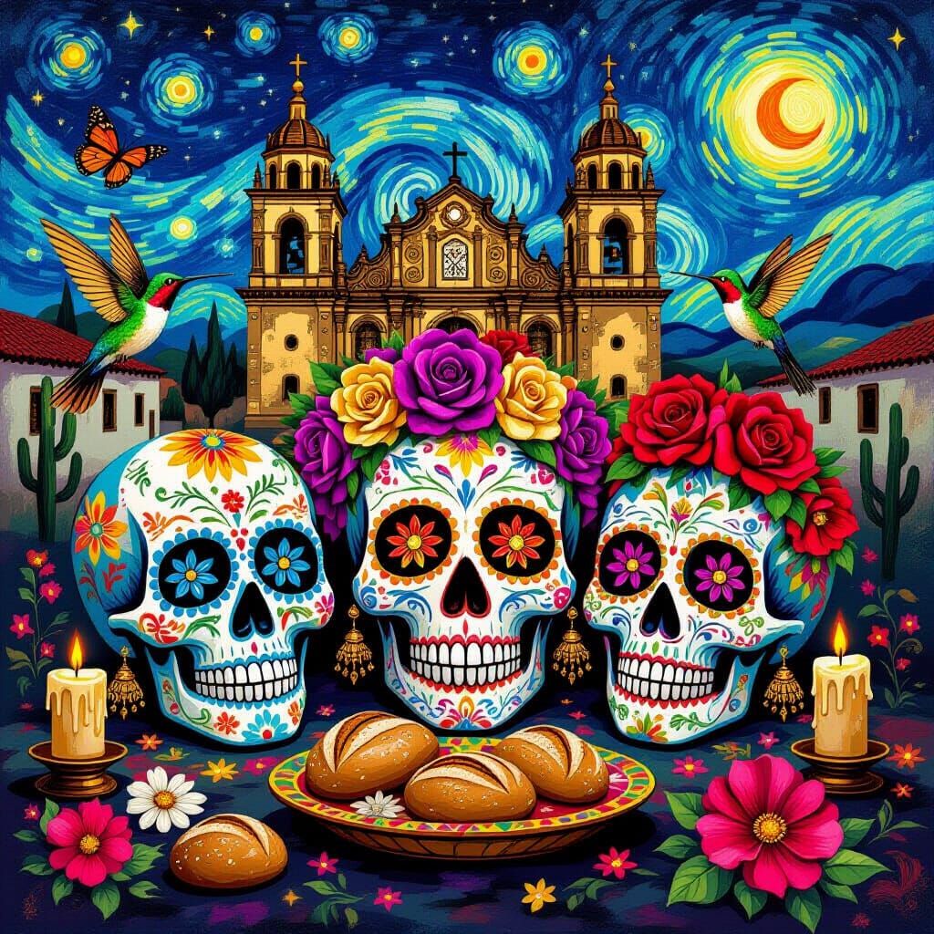 Mexican Skulls in Van Gogh and Kahlo Styles