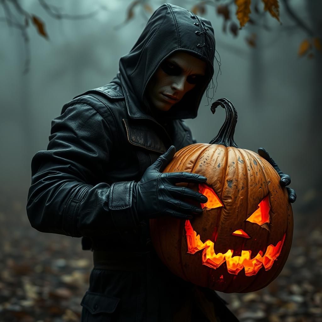 Vintage Figure with Glowing Jack-o'-Lantern in Autumn Mist