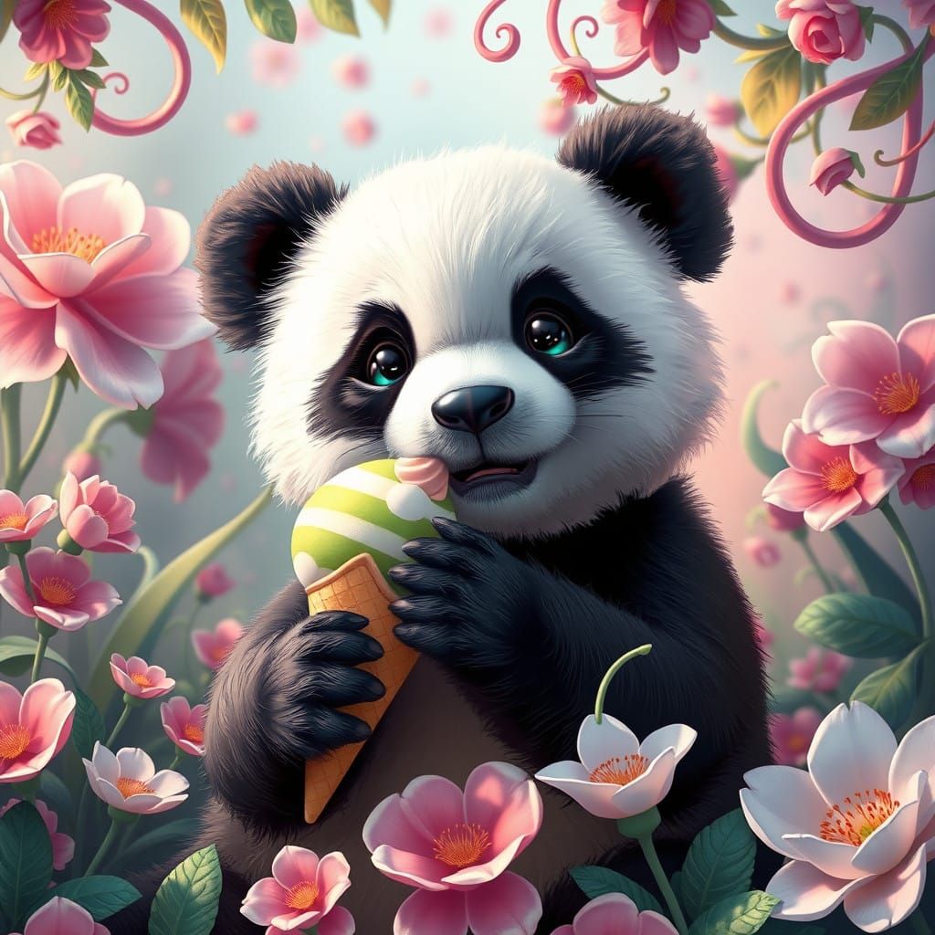 Dreamy Panda Enjoys Vibrant Ice Cream in Whimsical Paradise