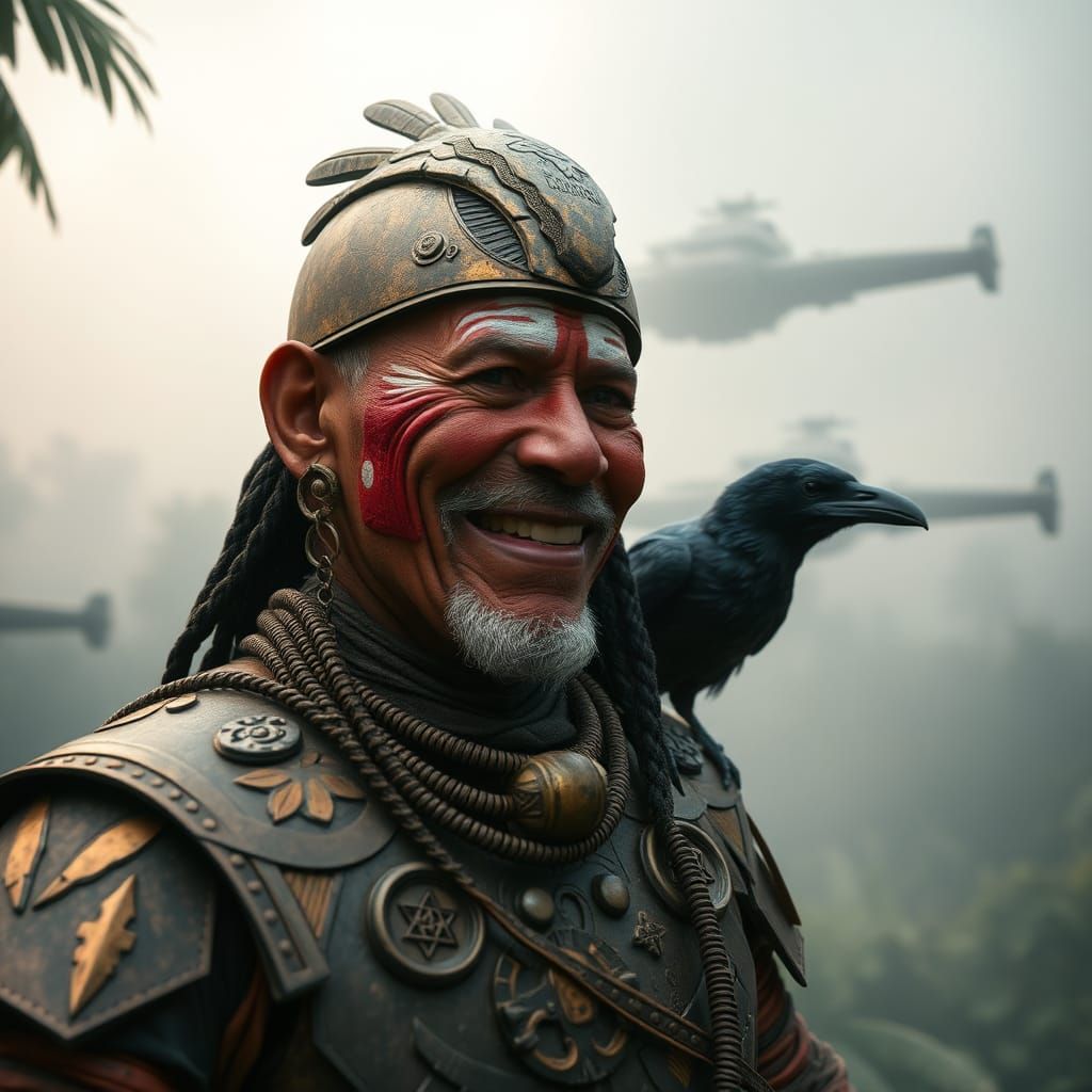 Aztec Elder in Cyberpunk Setting with Raven