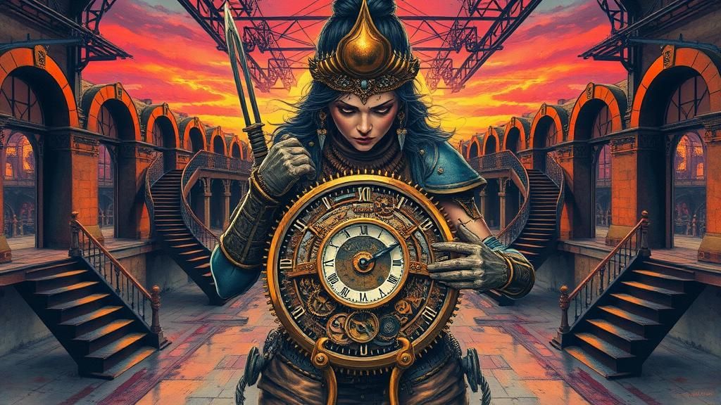 Steampunk Warrior Assembling Timepiece in Dreamlike Factory
