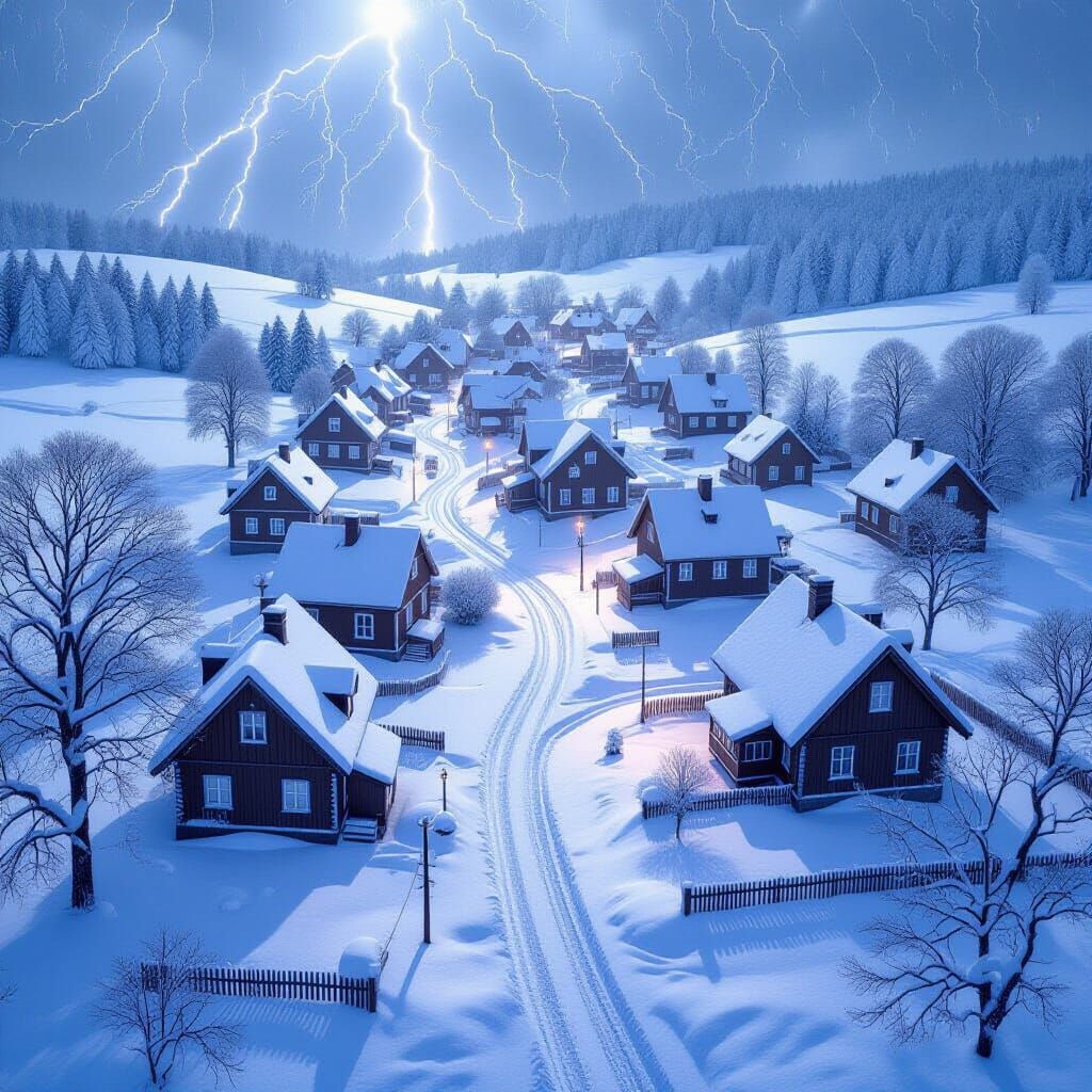 Snowy Rural Town During Lightning Storm, Painterly Style