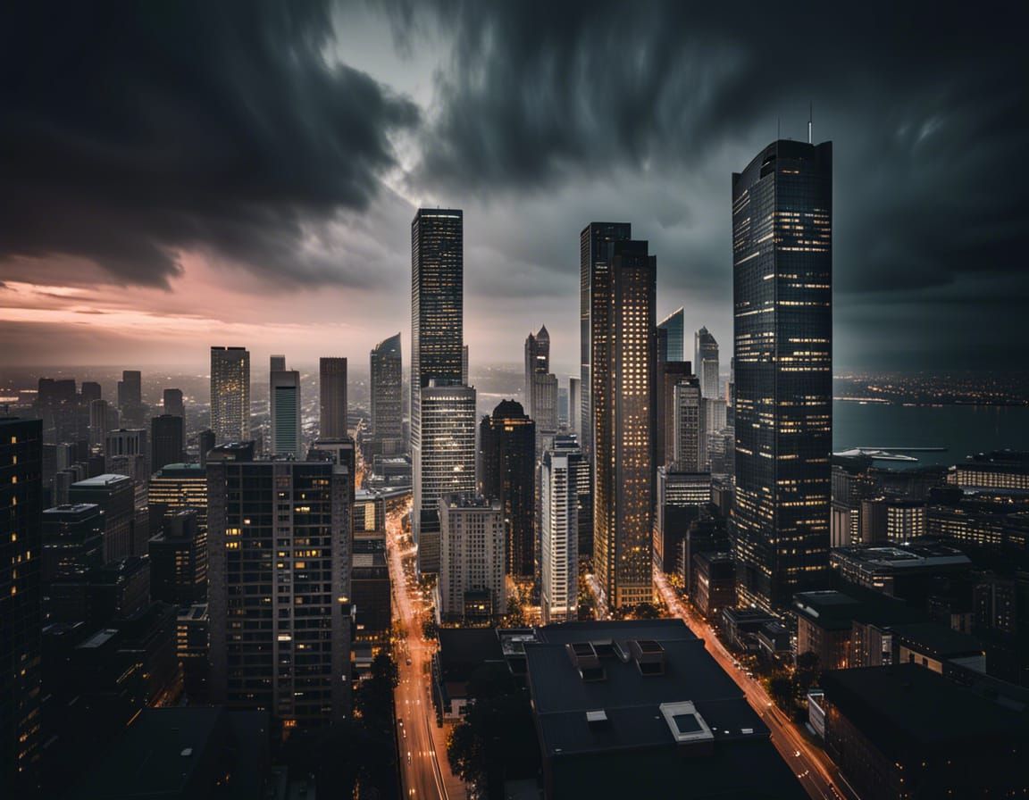 Dramatic Cityscape at Dusk with Modern Skyscrapers