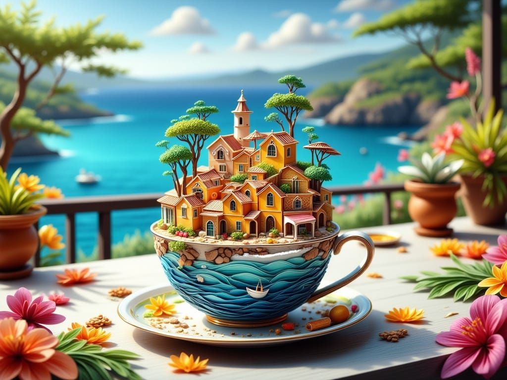Mediterranean Village Inside a Cup, Paper Quilling Art