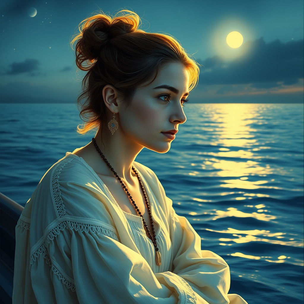 Moonlit Woman Amidst Lilies: A Fantasy Scene