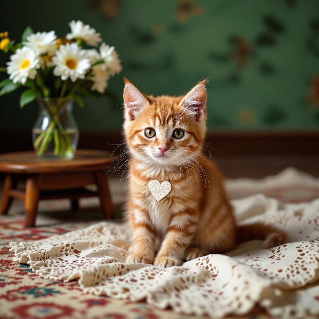 Orange Kitten with Heart Patch on Lacy Sheet