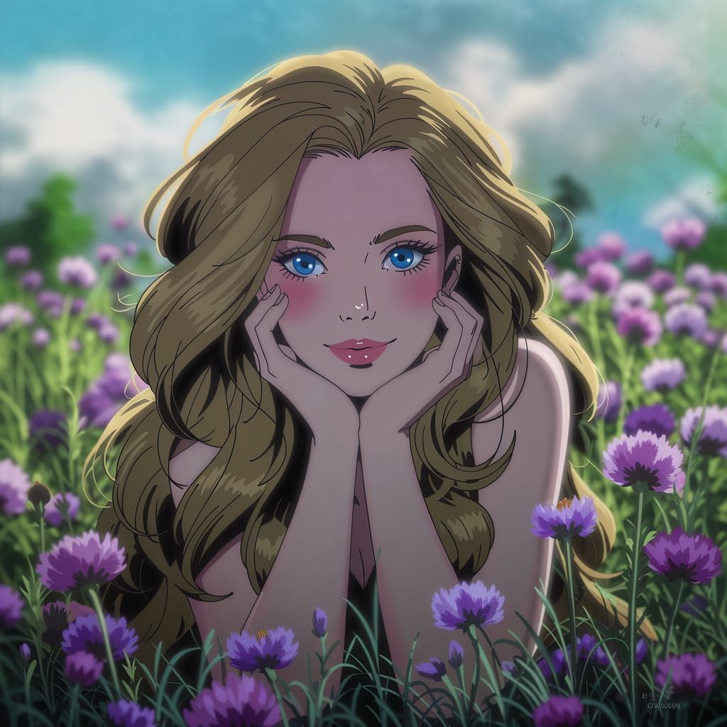 Blonde Woman with Blue Eyes in Flower Field
