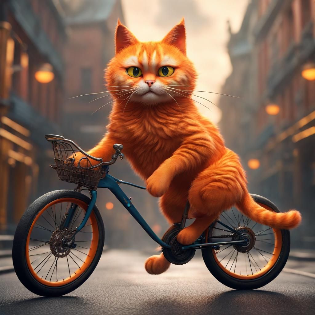 Orange Cat Rides Bicycle: Detailed Fantasy Art