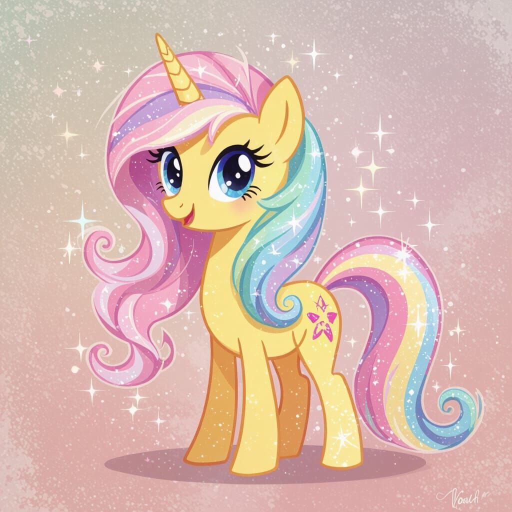 Sparkly Pastel Pony Character in Watercolor Style