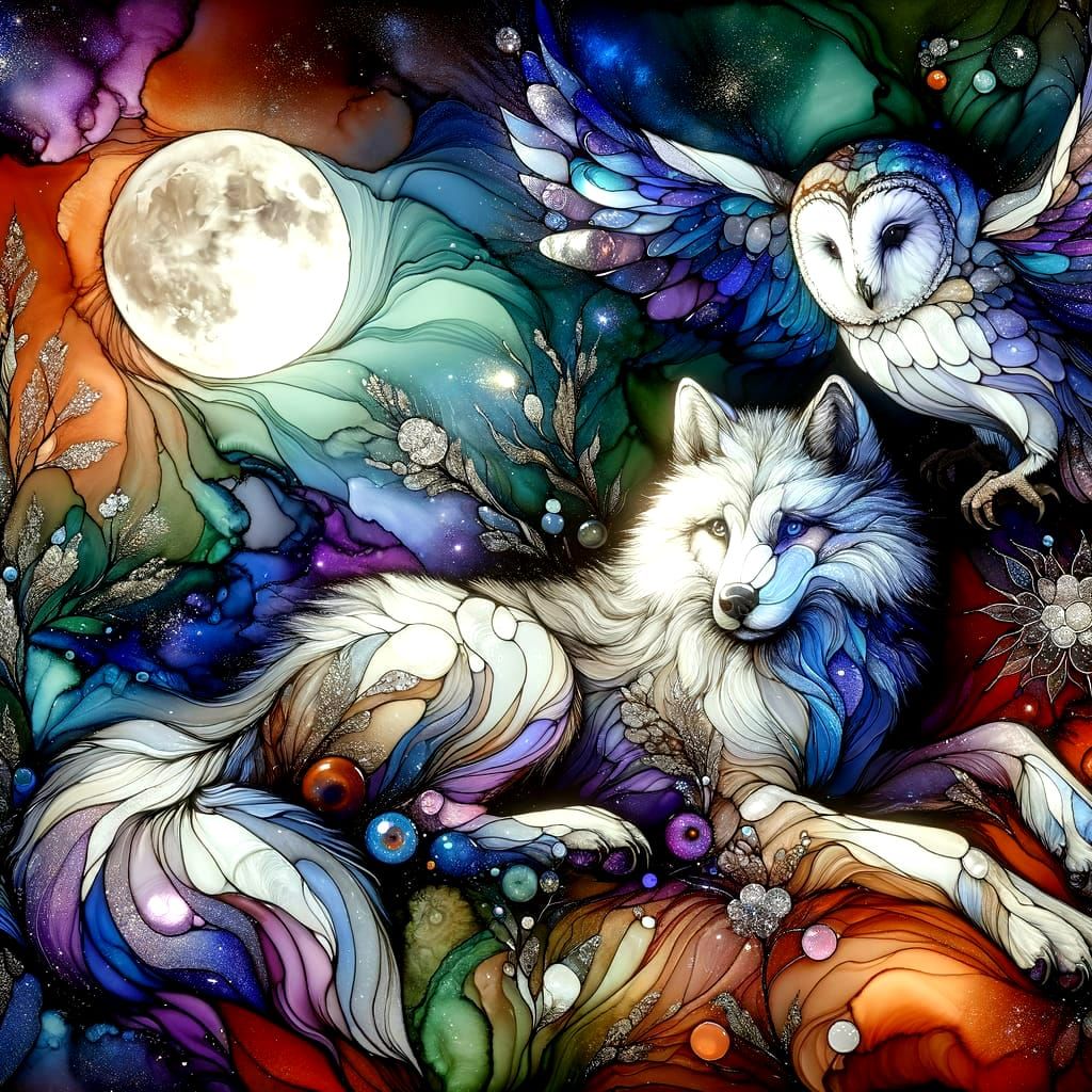 Moonlit Wolf and Owl in Stained Glass Style