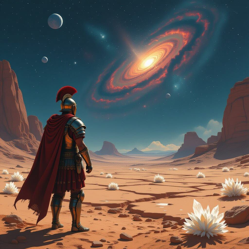 Roman Centurion on Alien Planet Gazing at Nebula