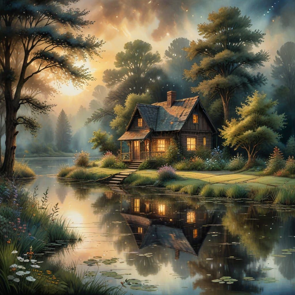 Rustic Cabin on Pond in Watercolor Style