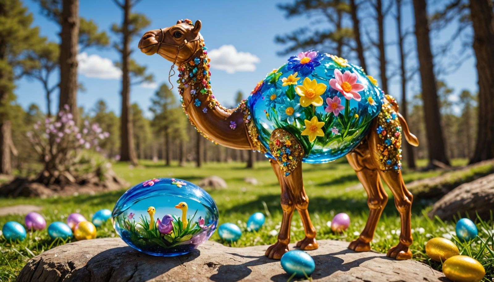 Majestic Easter Camel in Vibrant Spring Garden