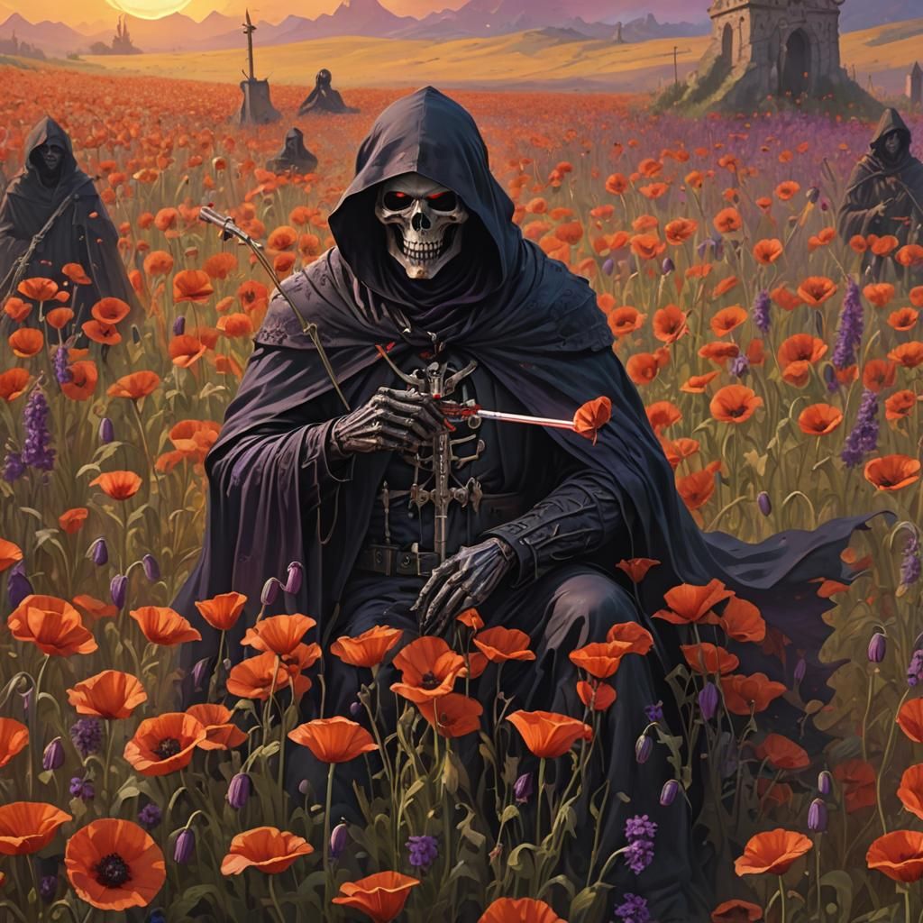 Grim Reaper in Poppy Field: Dark Fantasy Art
