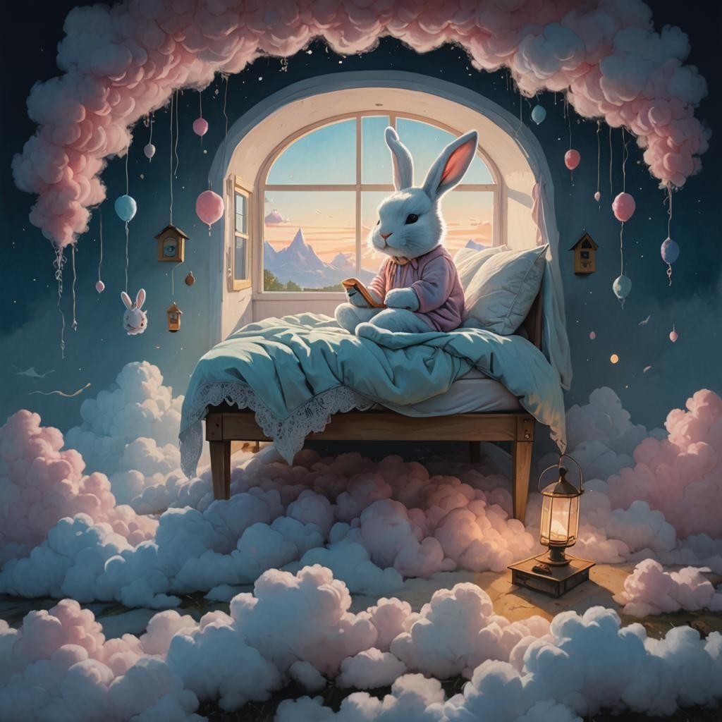 Dreamy Bunny in Matchbox Bed: Ethereal Pastel Art