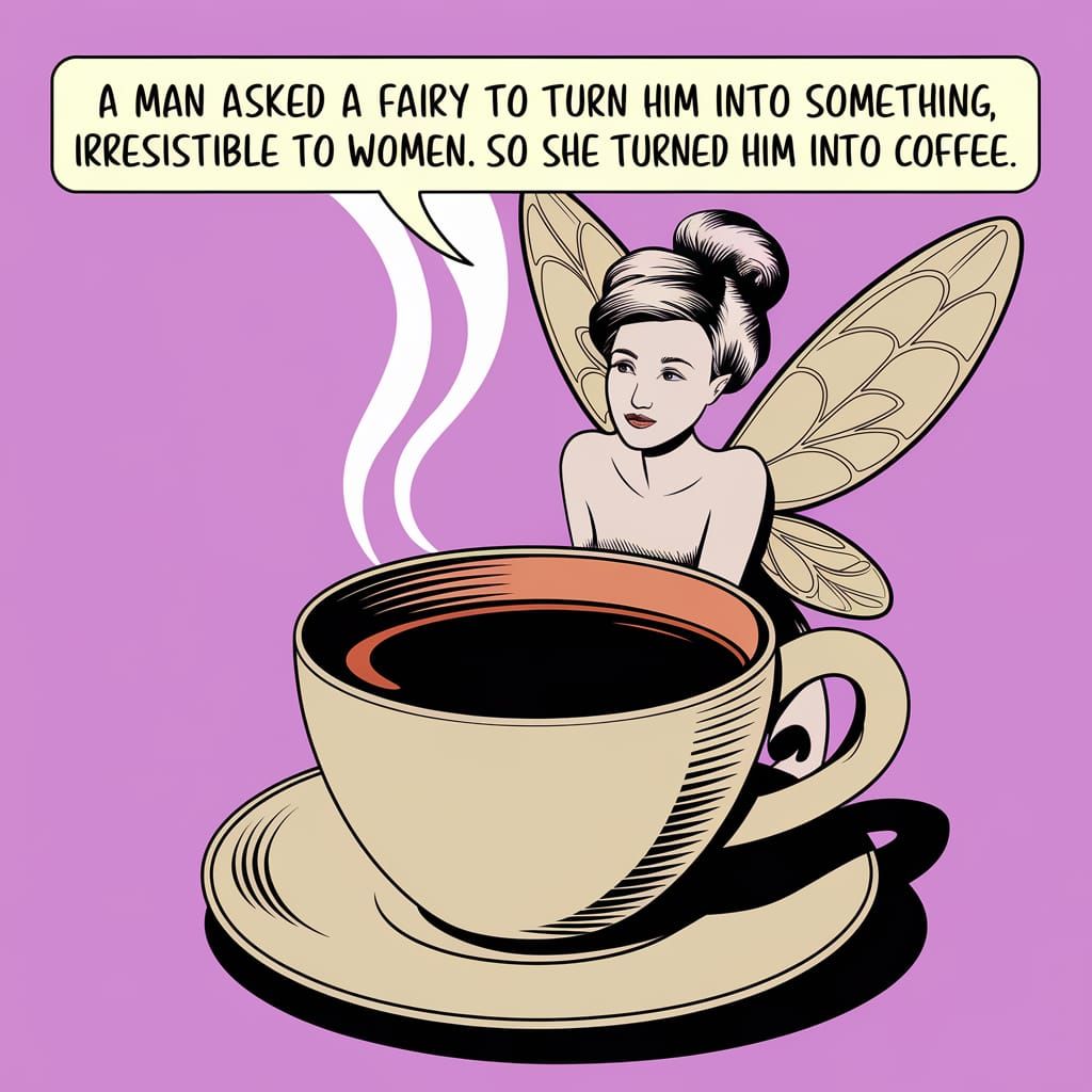 Text saying A man asked a fairy to turn him into something irresistible to women .
So she turned him into coffee 

A fai...