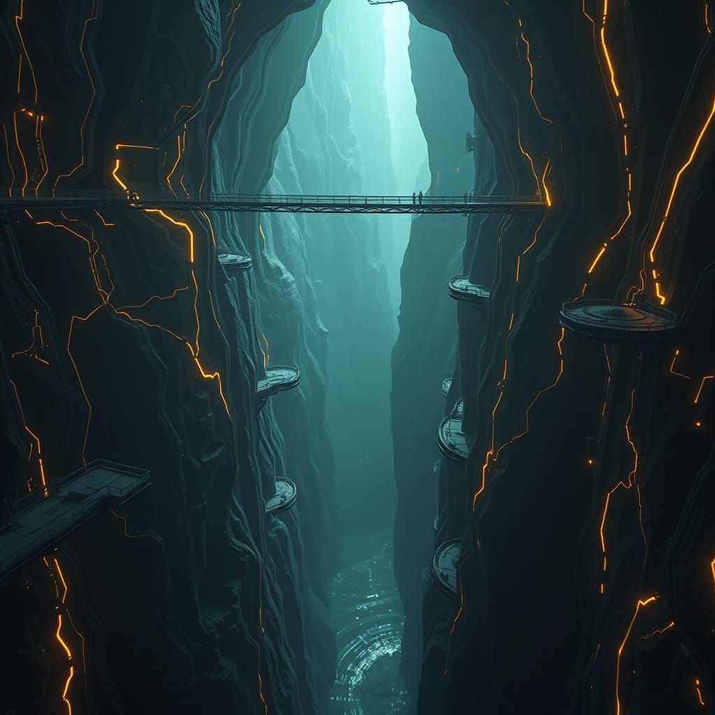 Colossal Chasm with Glowing Energy Conduits and Ancient Myst...
