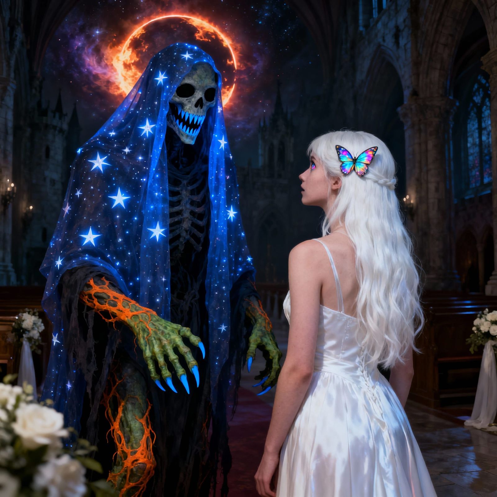 Woman Confronts Grim Reaper in Castle Hall
